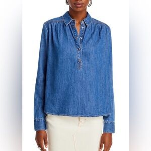 Veronica Beard Cambrie Denim Half-Button Shirt.